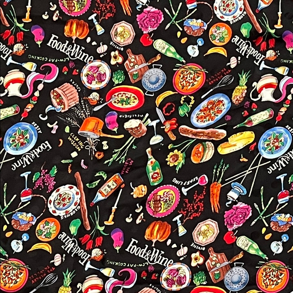 Vintage 90’s Nicole Miller Silk Food and Wine Scarf Large